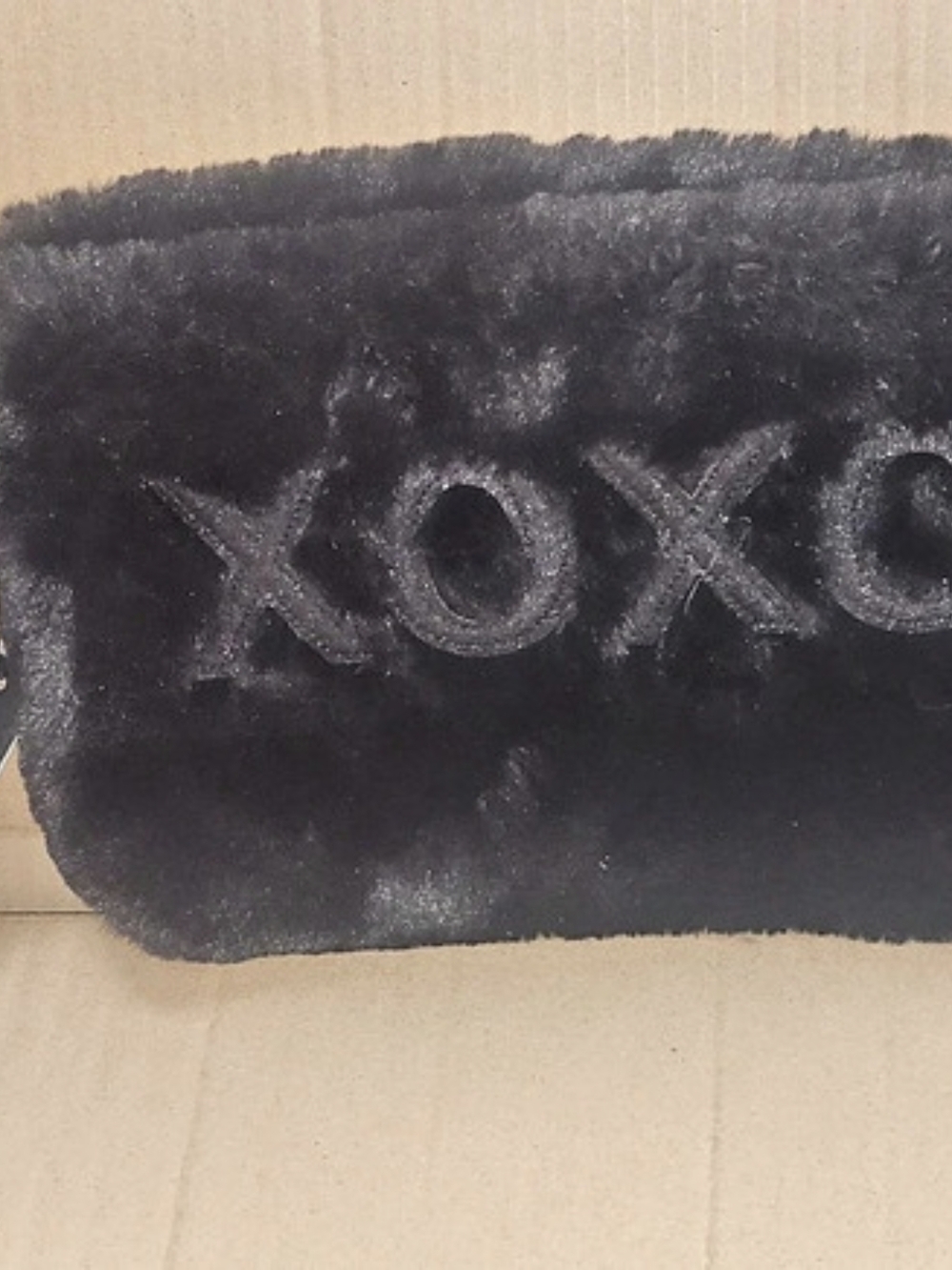 XOXO Black Faux Fur Wristlet Clutch with Embroidered Logo Faux Fur Wristlet